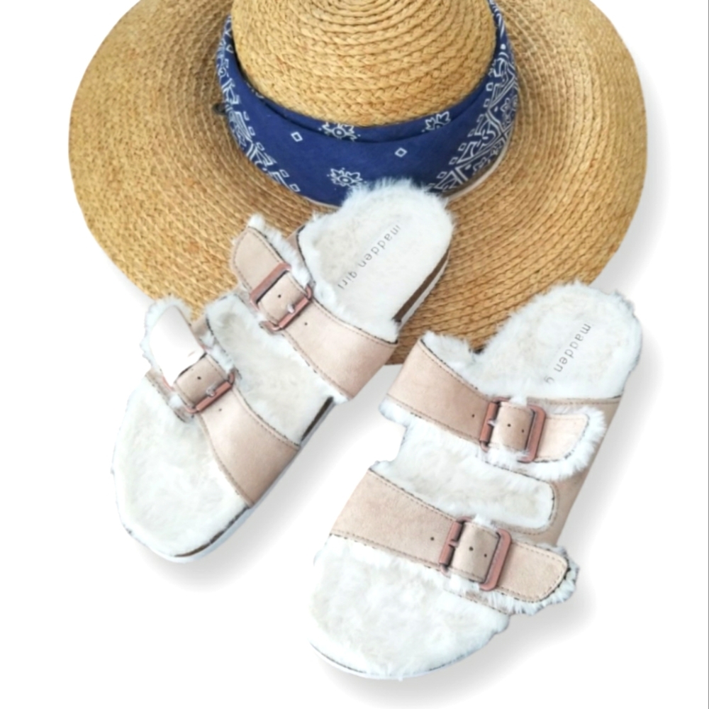 Madden Girl By Steve Madden Butterfly Adjustable Straps Faux Fur Slide Sandals